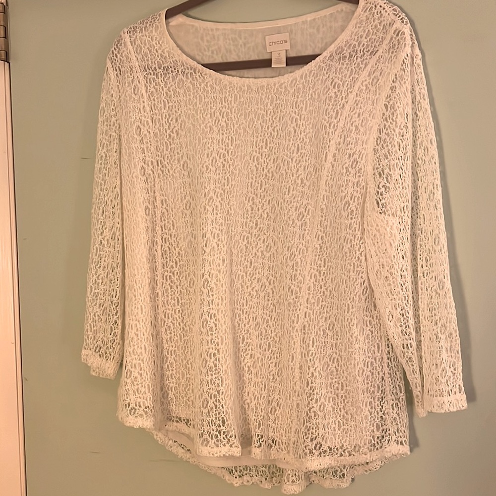 Chicos size 3 creamy color lace top with lining underneath. Gently used.